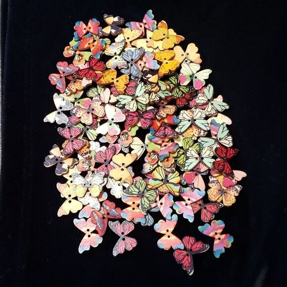 Other - Assortment of 100 Colorful Hand Painted Wooden Butterfly Buttons